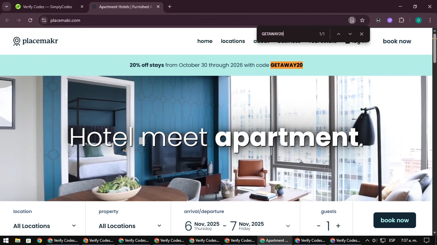 Placemakr promo code screenshot showing code GETAWAY20 applied at Placemakr checkout page. Uploaded by SimplyCodes community member LuckyDefender9428 on Nov 6, 2025