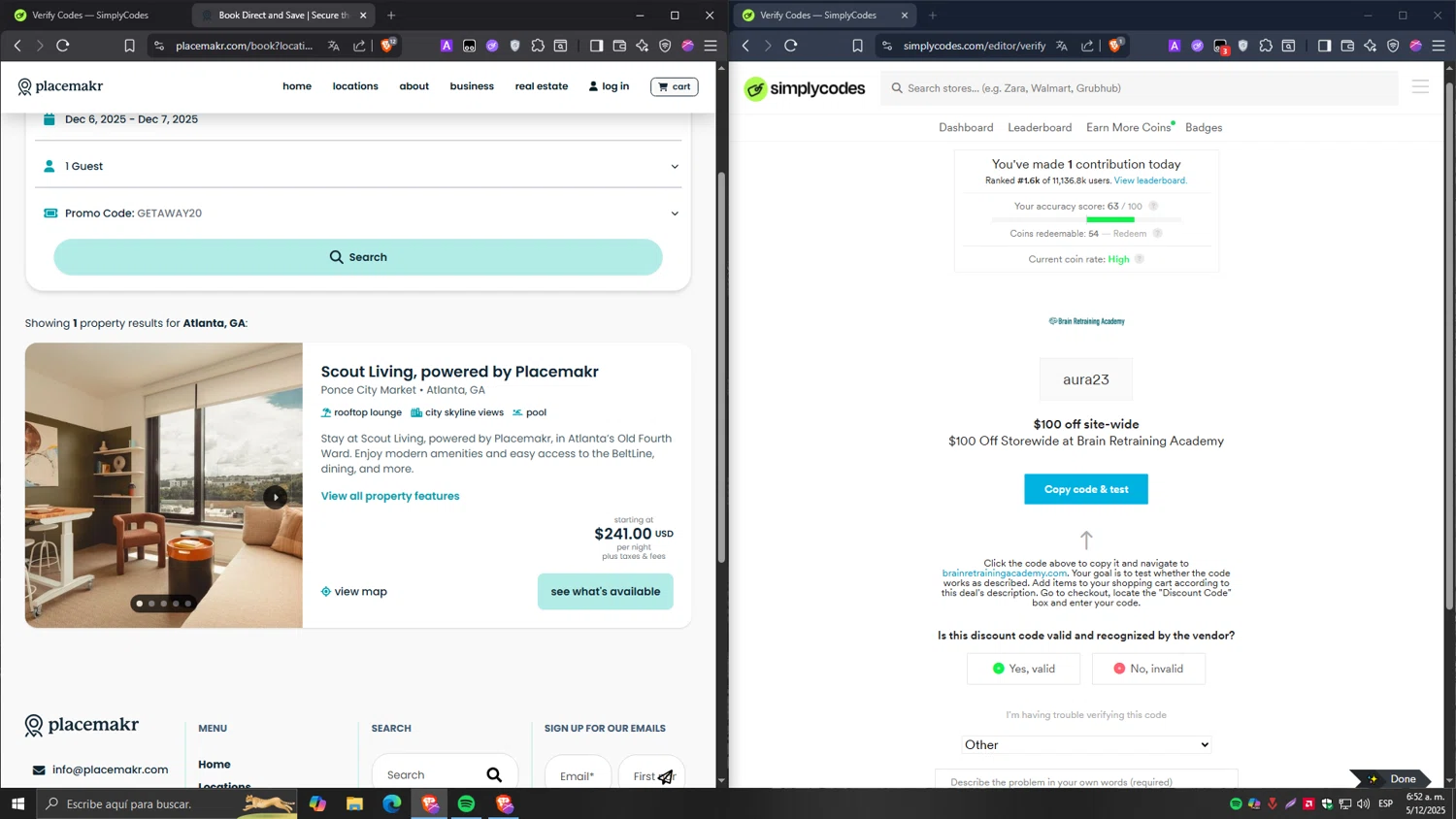 Placemakr promo code screenshot showing code GETAWAY20 applied at Placemakr checkout page. Uploaded by SimplyCodes community member Tragedy on Dec 5, 2025