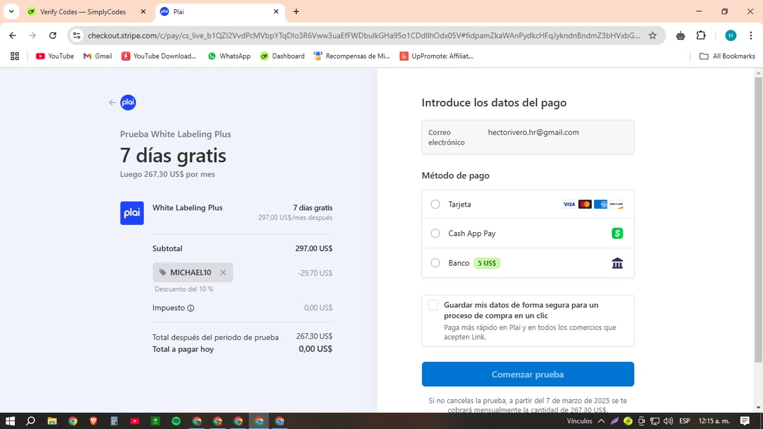 Plai promo code screenshot showing code MICHAEL10 applied at Plai checkout page. Uploaded by SimplyCodes community member MACHINEv1 on Feb 28, 2025
