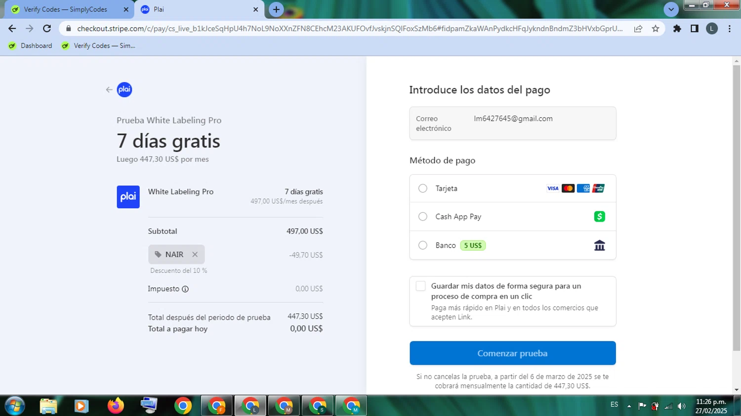 Plai promo code screenshot showing code NAIR applied at Plai checkout page. Uploaded by SimplyCodes community member EpicHunter3207 on Feb 28, 2025