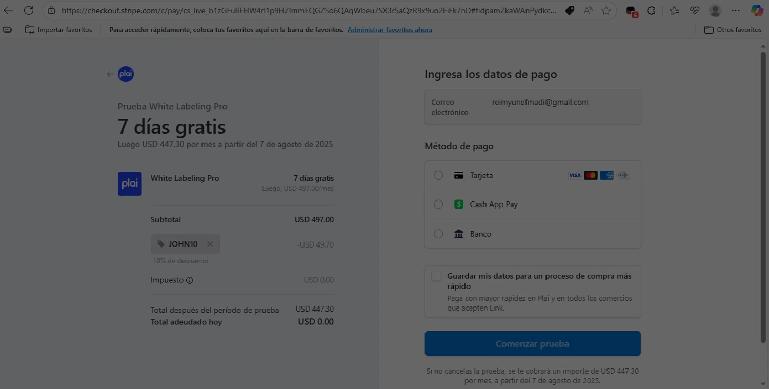 Plai promo code screenshot showing code JOHN10 applied at Plai checkout page. Uploaded by SimplyCodes community member NobleLion9913 on Aug 1, 2025