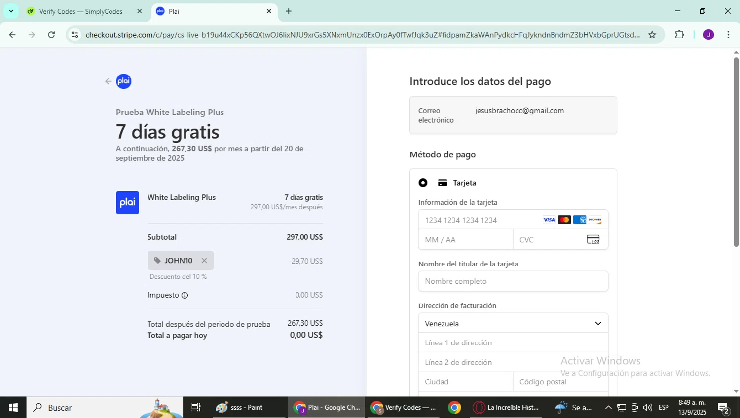 Plai promo code screenshot showing code JOHN10 applied at Plai checkout page. Uploaded by SimplyCodes community member YutakaH0shin0 on Sep 13, 2025
