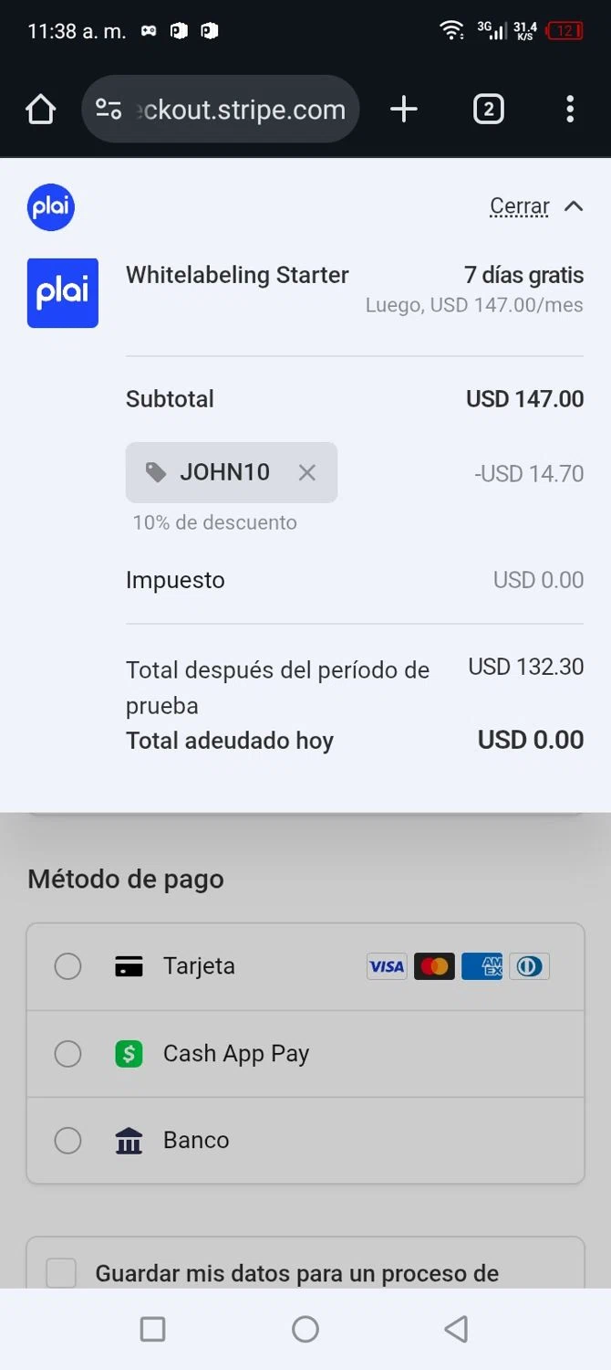 Plai promo code screenshot showing code JOHN10 applied at Plai checkout page. Uploaded by SimplyCodes community member billgates0997923425561 on Jul 23, 2025