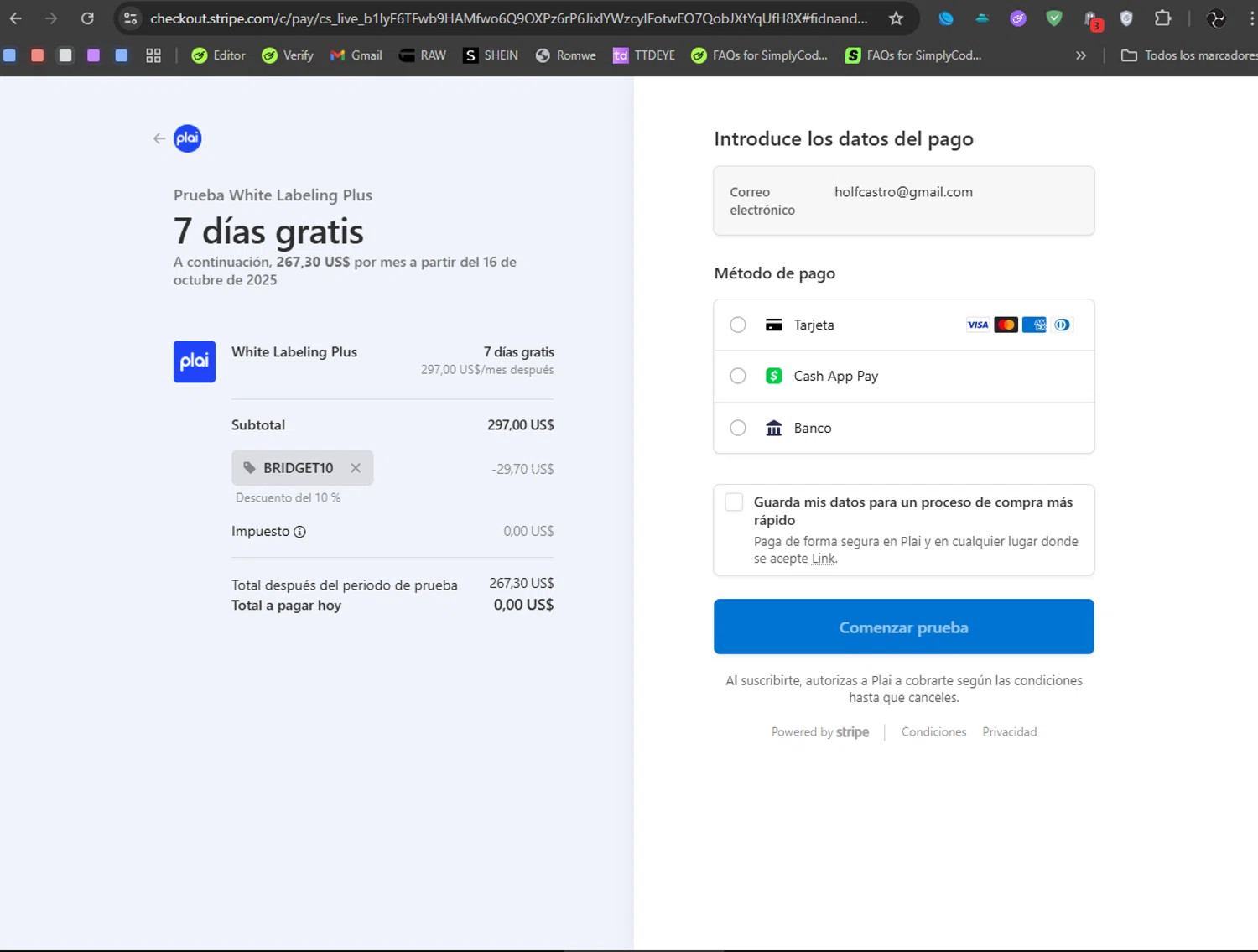 Plai promo code screenshot showing code BRIDGET10 applied at Plai checkout page. Uploaded by SimplyCodes community member Ryukyu on Oct 9, 2025