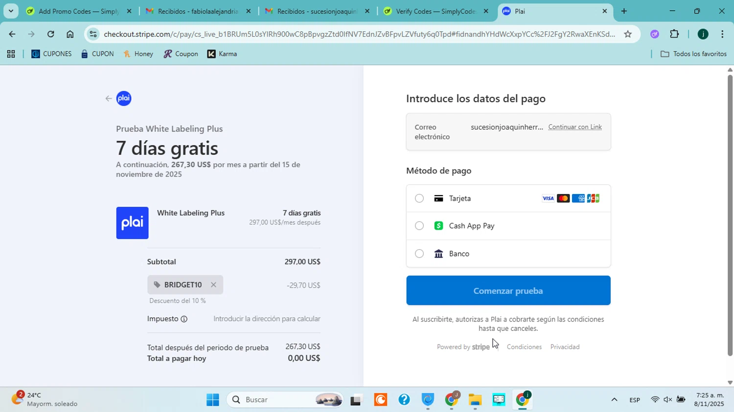 Plai promo code screenshot showing code BRIDGET10 applied at Plai checkout page. Uploaded by SimplyCodes community member jorgejavierherrera on Nov 8, 2025
