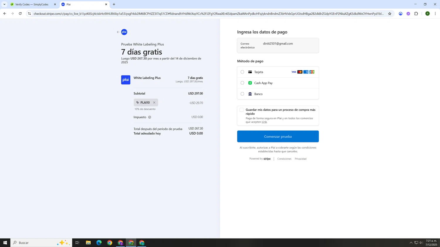 Plai promo code screenshot showing code PLAI10 applied at Plai checkout page. Uploaded by SimplyCodes community member AnthonyGTX on Dec 7, 2025