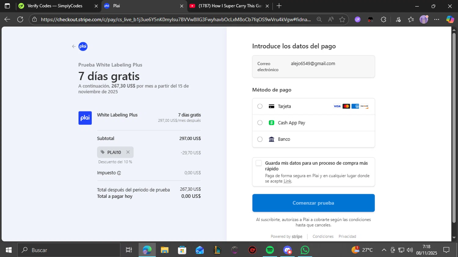 Plai promo code screenshot showing code PLAI10 applied at Plai checkout page. Uploaded by SimplyCodes community member THEBANANA on Nov 8, 2025
