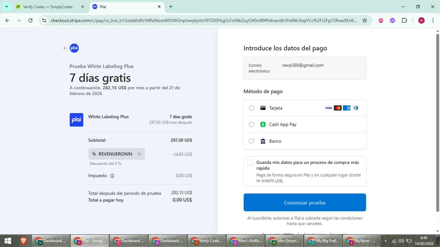 Plai checkout page showing Plai promo code box | Screenshot taken by SimplyCodes community member on Feb 14, 2026