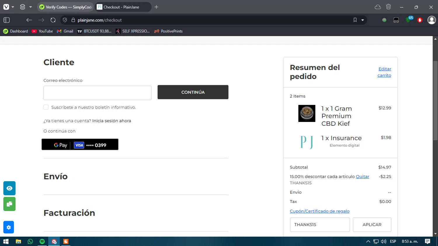 Plain Jane discount code screenshot showing code THANKS15 applied at Plain Jane checkout page. Uploaded by SimplyCodes community member verify_codes on Jan 1, 2025