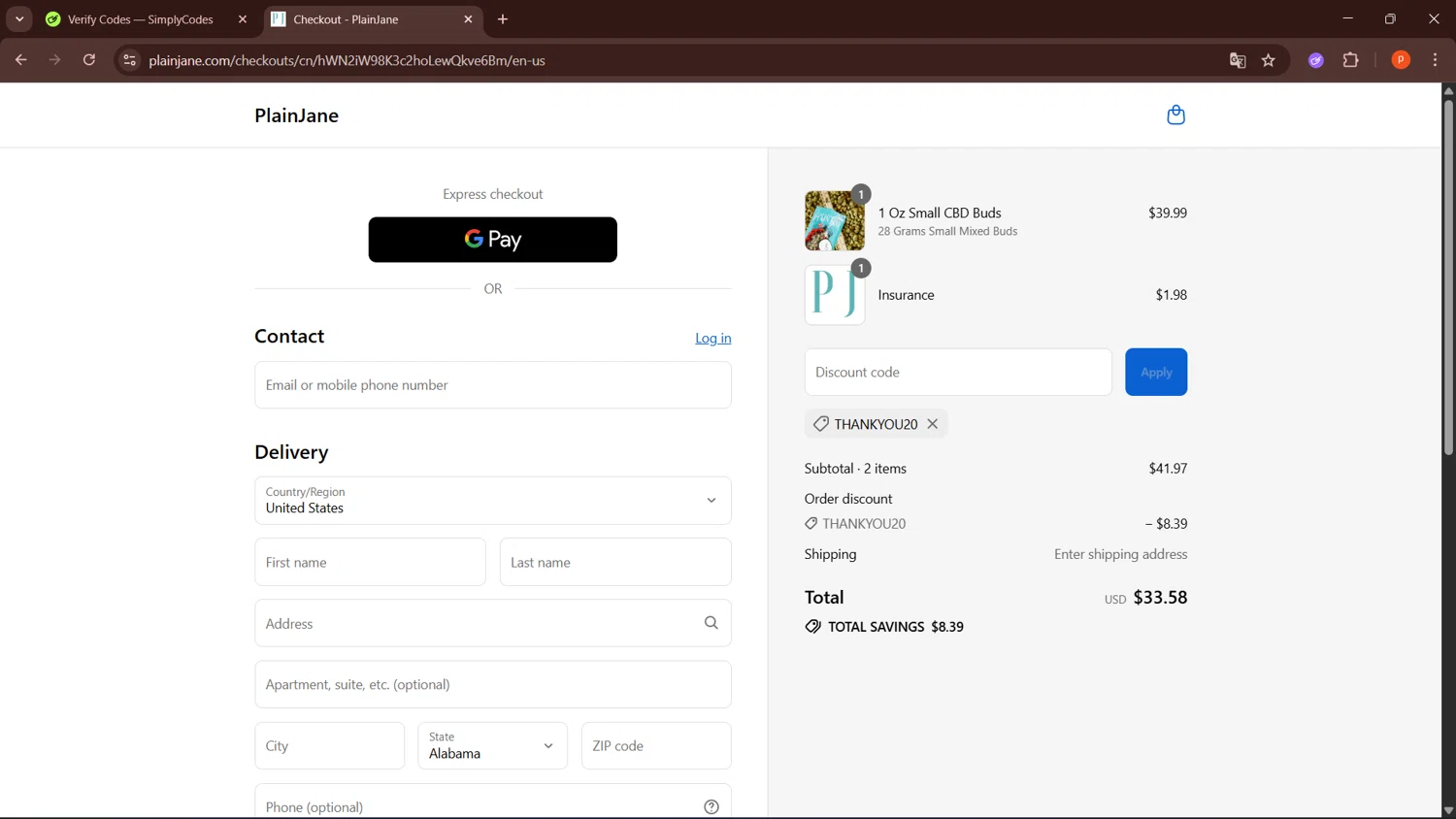 Plain Jane discount code screenshot showing code THANKYOU20 applied at Plain Jane checkout page. Uploaded by SimplyCodes community member LegendaryPro3698 on Sep 7, 2025