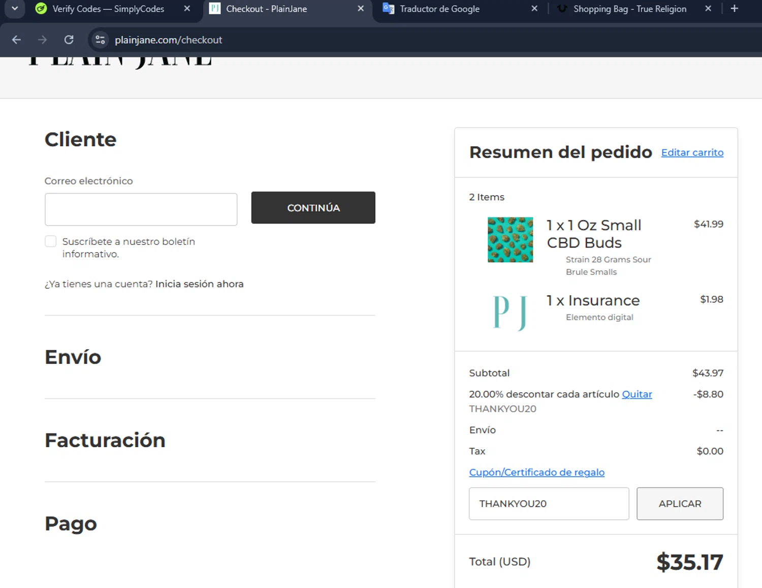 Plain Jane discount code screenshot showing code THANKYOU20 applied at Plain Jane checkout page. Uploaded by SimplyCodes community member RoyalHawk6408 on May 15, 2025
