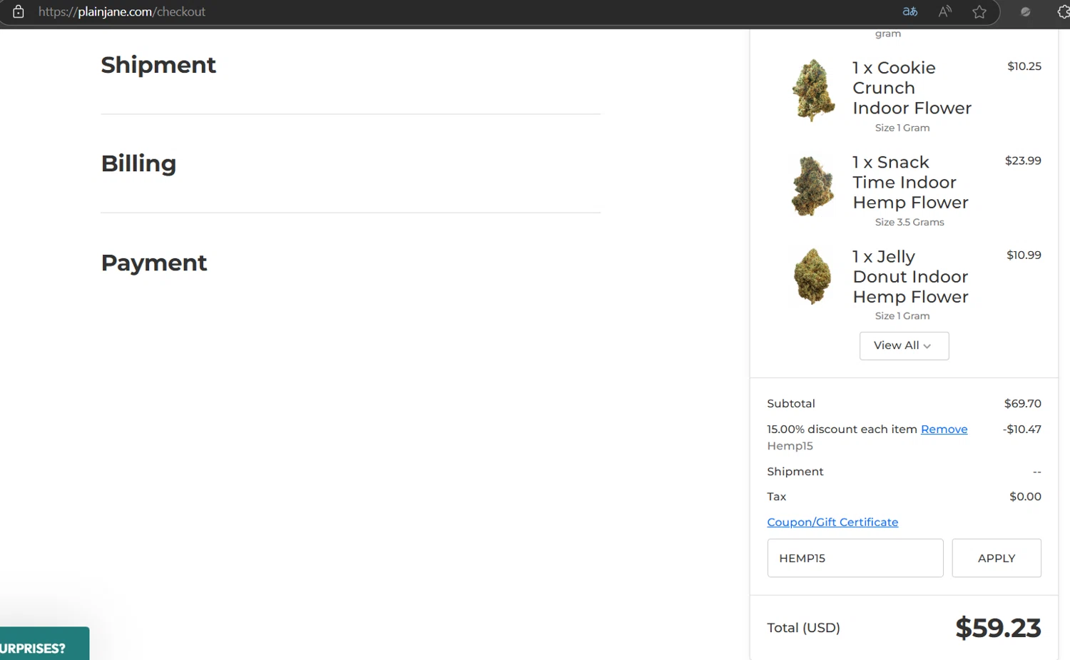 Plain Jane discount code screenshot showing code HEMP15 applied at Plain Jane checkout page. Uploaded by SimplyCodes community member JasnibelEgu on May 8, 2025