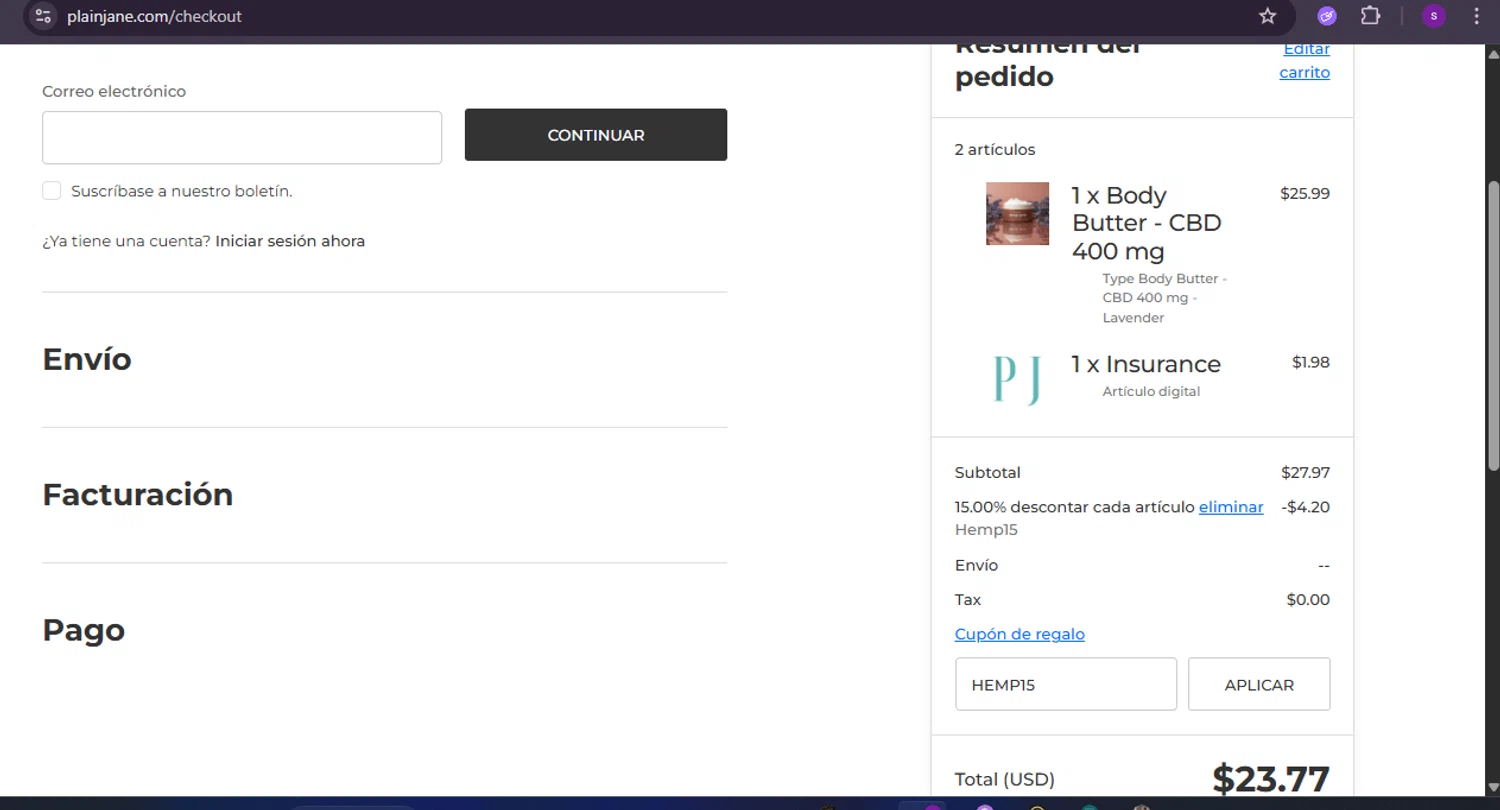 Plain Jane discount code screenshot showing code HEMP15 applied at Plain Jane checkout page. Uploaded by SimplyCodes community member Lamadama on May 8, 2025