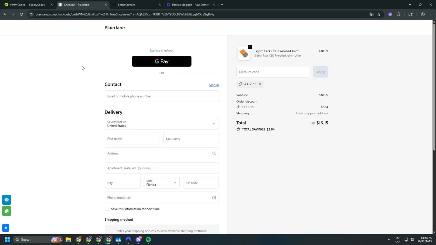 Plain Jane discount code screenshot showing code SCORE15 applied at Plain Jane checkout page. Uploaded by SimplyCodes community member yapaguelos20lucas on Dec 18, 2025