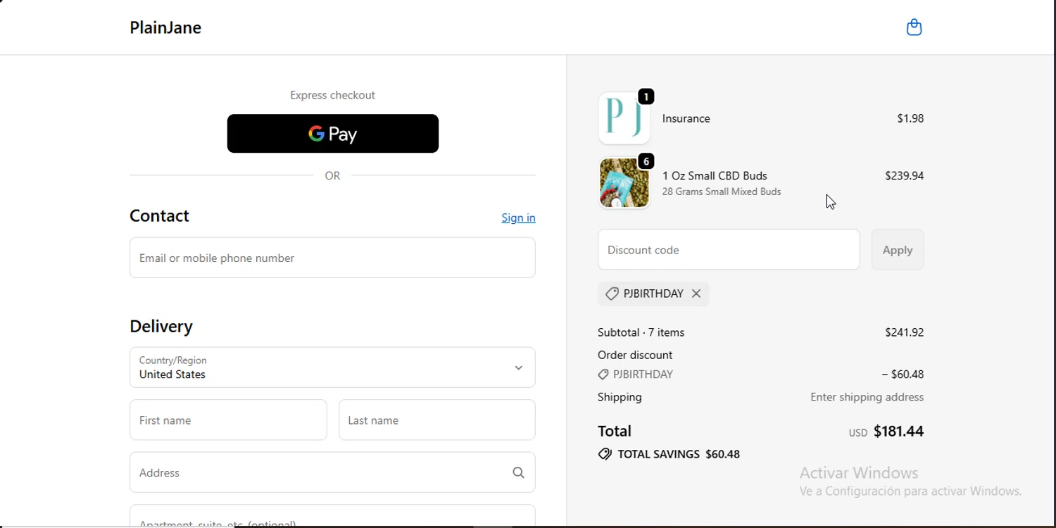 Plain Jane discount code screenshot showing code PJBIRTHDAY applied at Plain Jane checkout page. Uploaded by SimplyCodes community member RebateSpotter2821 on Nov 28, 2025