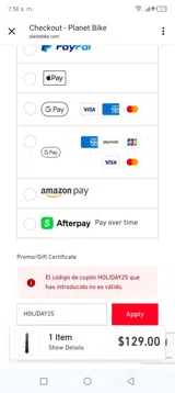 Planet Bike coupon verification screenshot