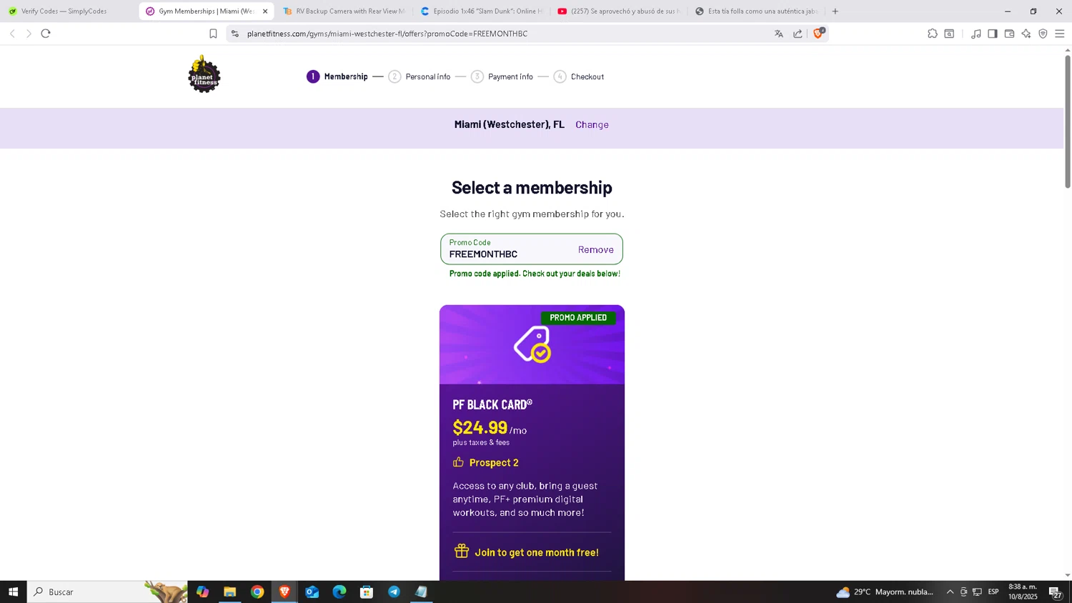 Planet Fitness promo code screenshot showing code FREEMONTHBC applied at Planet Fitness checkout page. Uploaded by SimplyCodes community member Carloscoder_900457733 on Aug 10, 2025