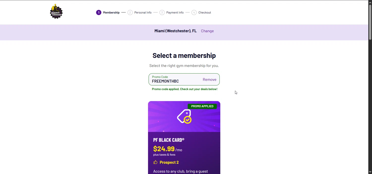 Planet Fitness promo code screenshot showing code FREEMONTHBC applied at Planet Fitness checkout page. Uploaded by SimplyCodes community member Raibelys_18 on Jul 27, 2025