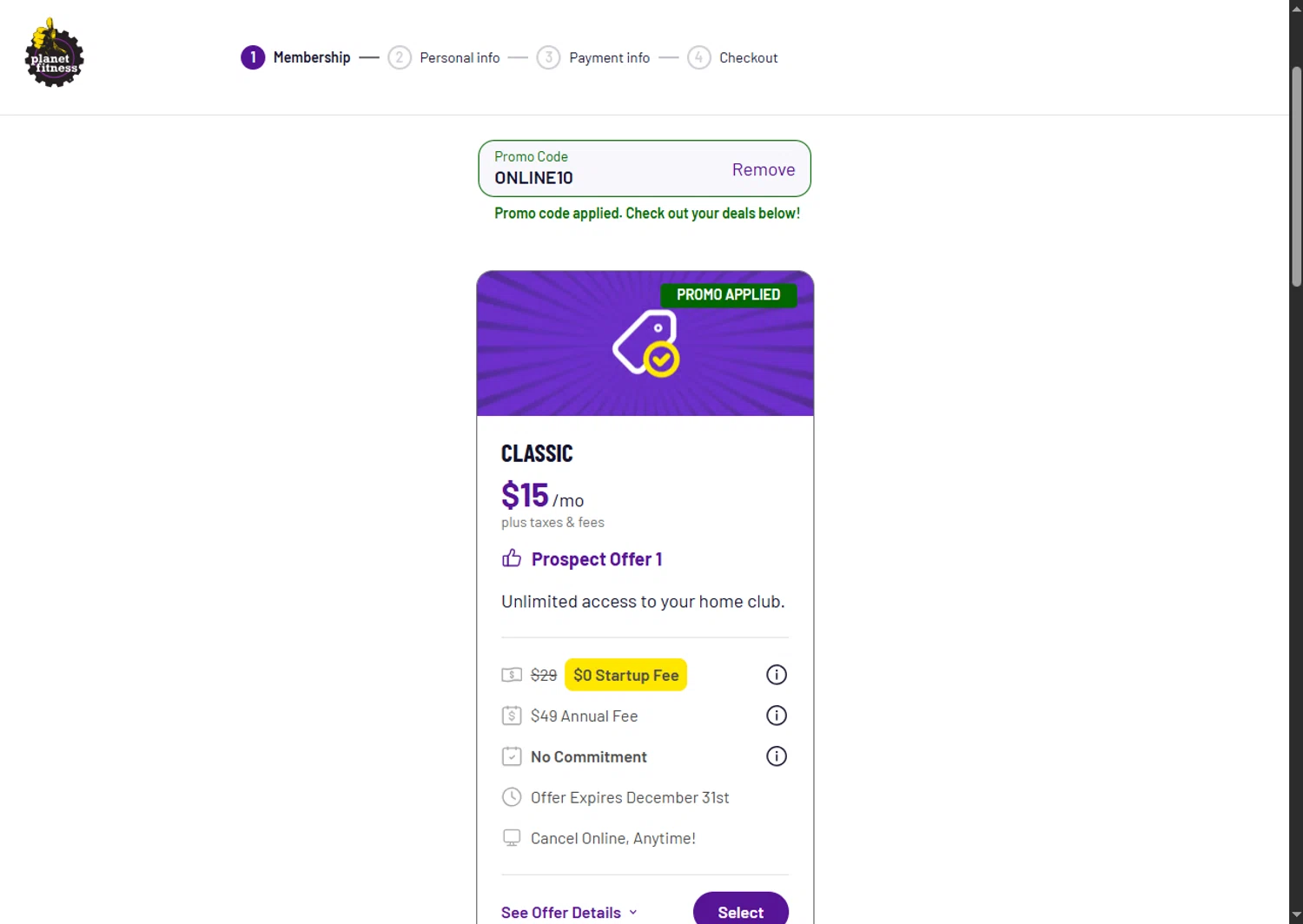 Planet Fitness promo code screenshot showing code ONLINE10 applied at Planet Fitness checkout page. Uploaded by SimplyCodes community member SalePhoenix2220 on Aug 5, 2025