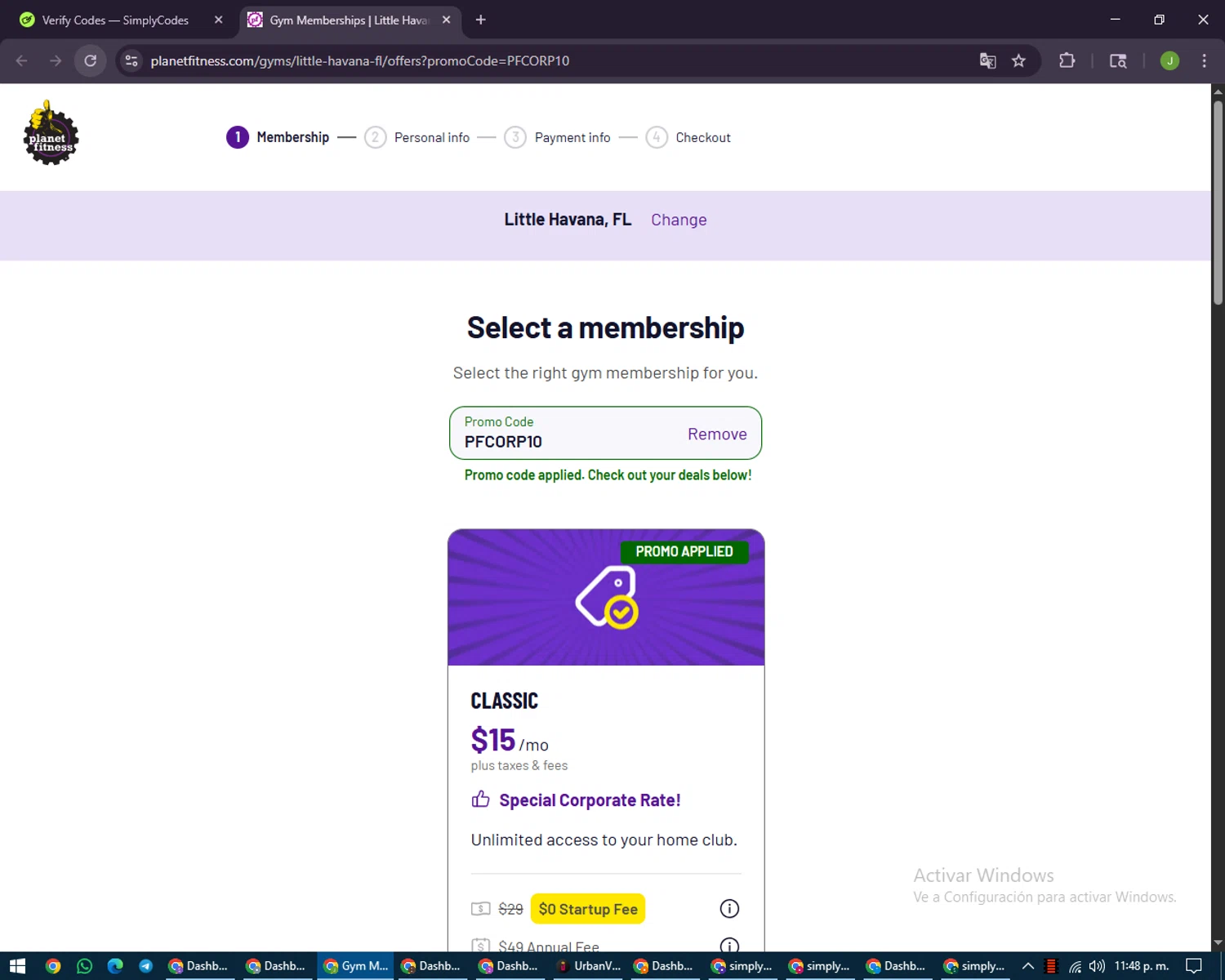 Planet Fitness promo code screenshot showing code PFCORP10 applied at Planet Fitness checkout page. Uploaded by SimplyCodes community member LilBaby on Aug 12, 2025