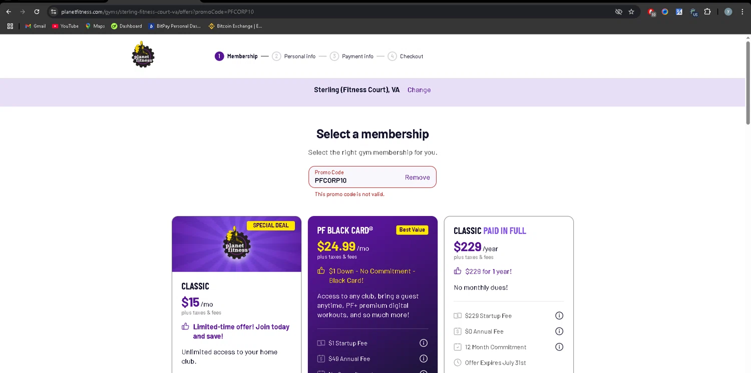 Planet Fitness promo code screenshot showing code PFCORP10 applied at Planet Fitness checkout page. Uploaded by SimplyCodes community member YJMQ95 on Jul 31, 2025