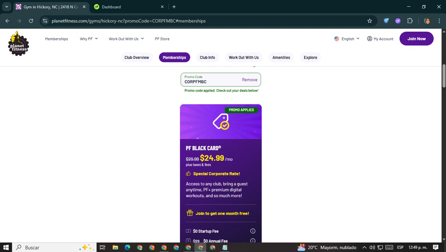 Planet Fitness promo code screenshot showing code CORPFMBC applied at Planet Fitness checkout page. Uploaded by SimplyCodes community member LegendaryAdmiral6518 on Aug 18, 2025