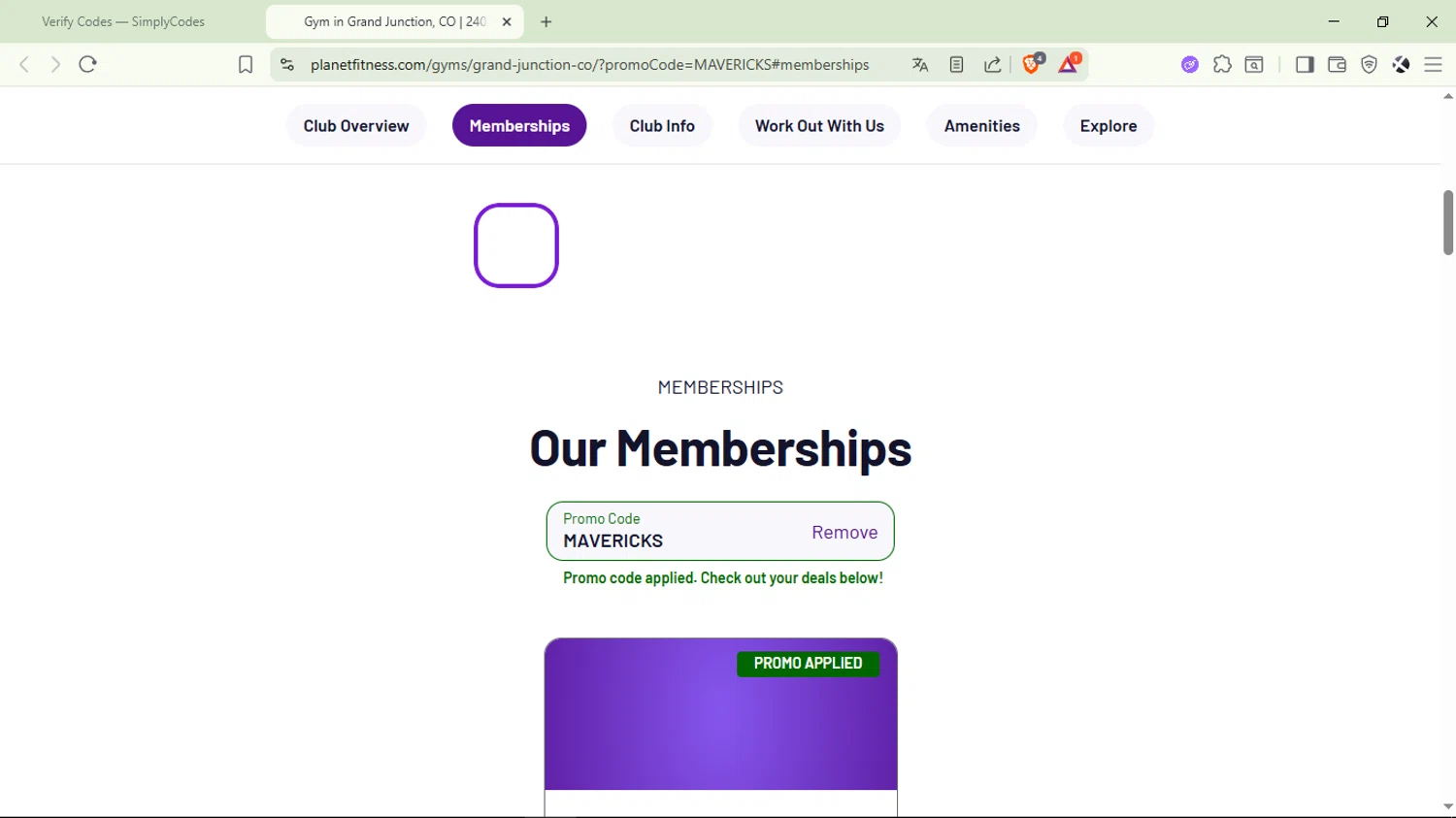 Planet Fitness promo code screenshot showing code MAVERICKS applied at Planet Fitness checkout page. Uploaded by SimplyCodes community member Aguaita_coco on Aug 27, 2025