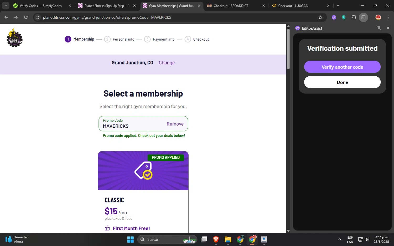Planet Fitness promo code screenshot showing code MAVERICKS applied at Planet Fitness checkout page. Uploaded by SimplyCodes community member GloriousWizard5474 on Aug 28, 2025