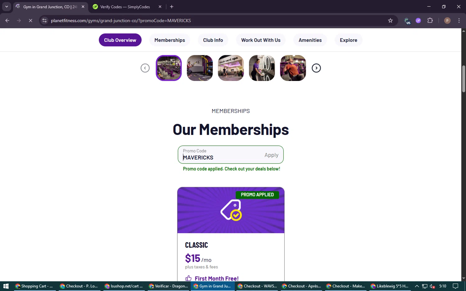 Planet Fitness promo code screenshot showing code MAVERICKS applied at Planet Fitness checkout page. Uploaded by SimplyCodes community member RoyalSleuth6331 on Aug 24, 2025