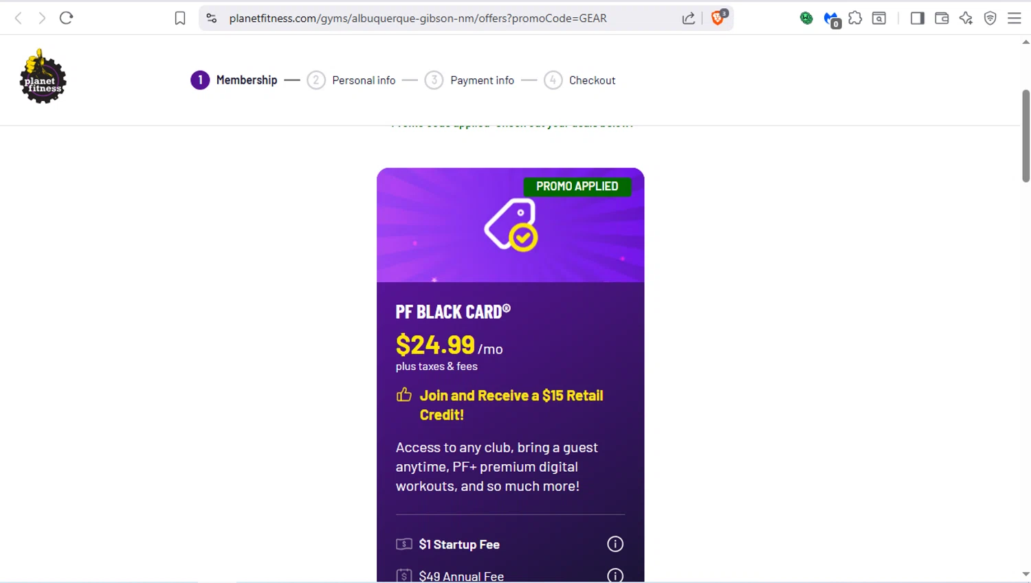 Planet Fitness promo code screenshot showing code GEAR applied at Planet Fitness checkout page. Uploaded by SimplyCodes community member dayselis15 on Aug 27, 2025