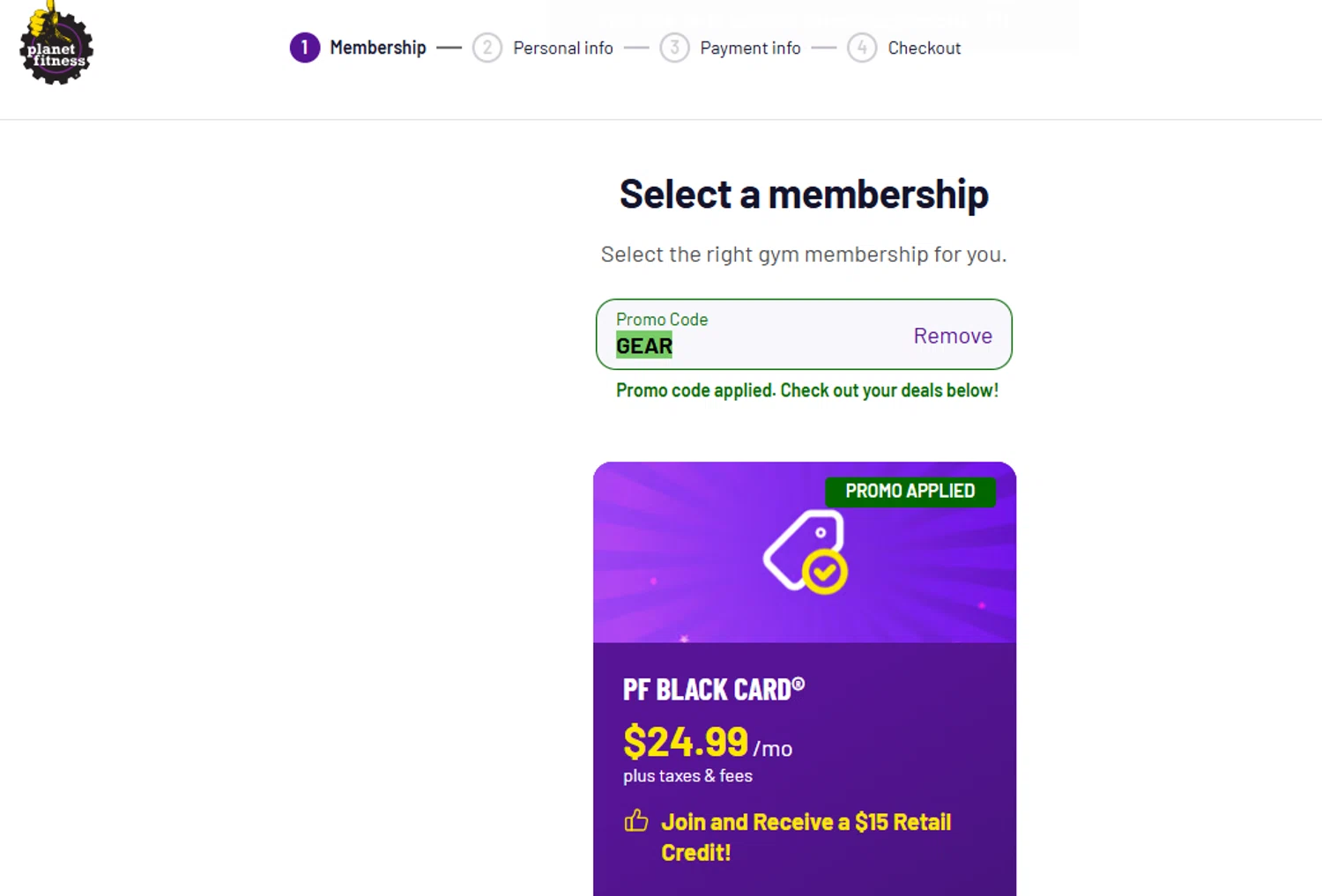 Planet Fitness promo code screenshot showing code GEAR applied at Planet Fitness checkout page. Uploaded by SimplyCodes community member RickhiK on Aug 27, 2025