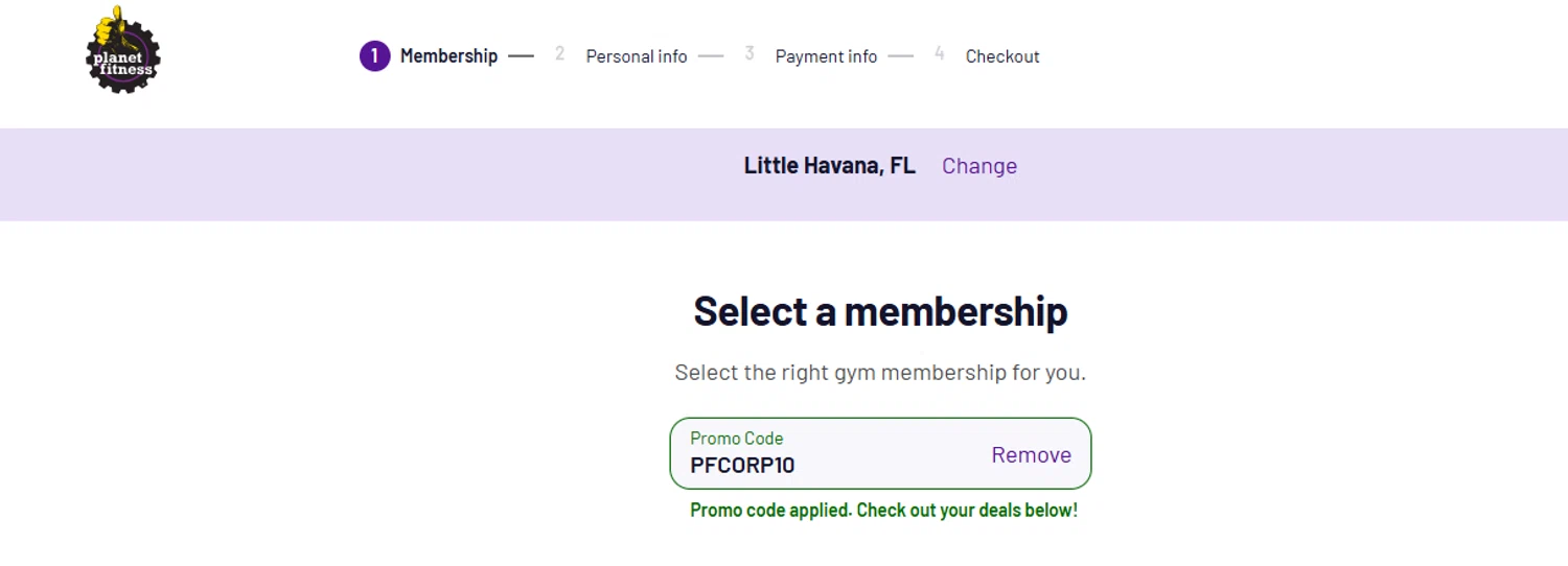 Planet Fitness promo code screenshot showing code PFCORP10 applied at Planet Fitness checkout page. Uploaded by SimplyCodes community member ricardoramirez1 on Aug 8, 2025