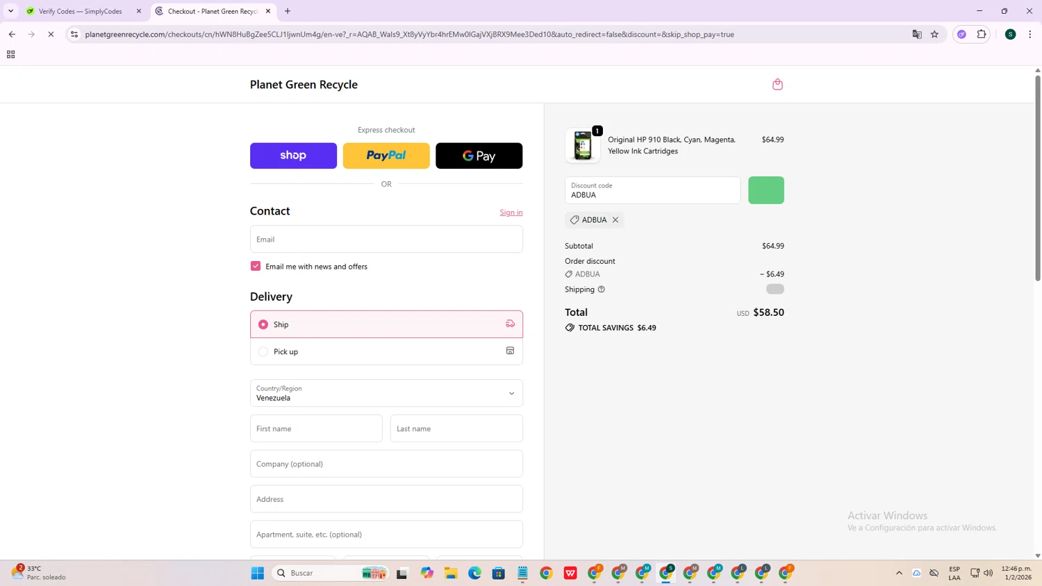 Planet Green promo code screenshot showing code ADBUA applied at Planet Green checkout page. Uploaded by SimplyCodes community member PromoExpert3105 on Feb 1, 2026