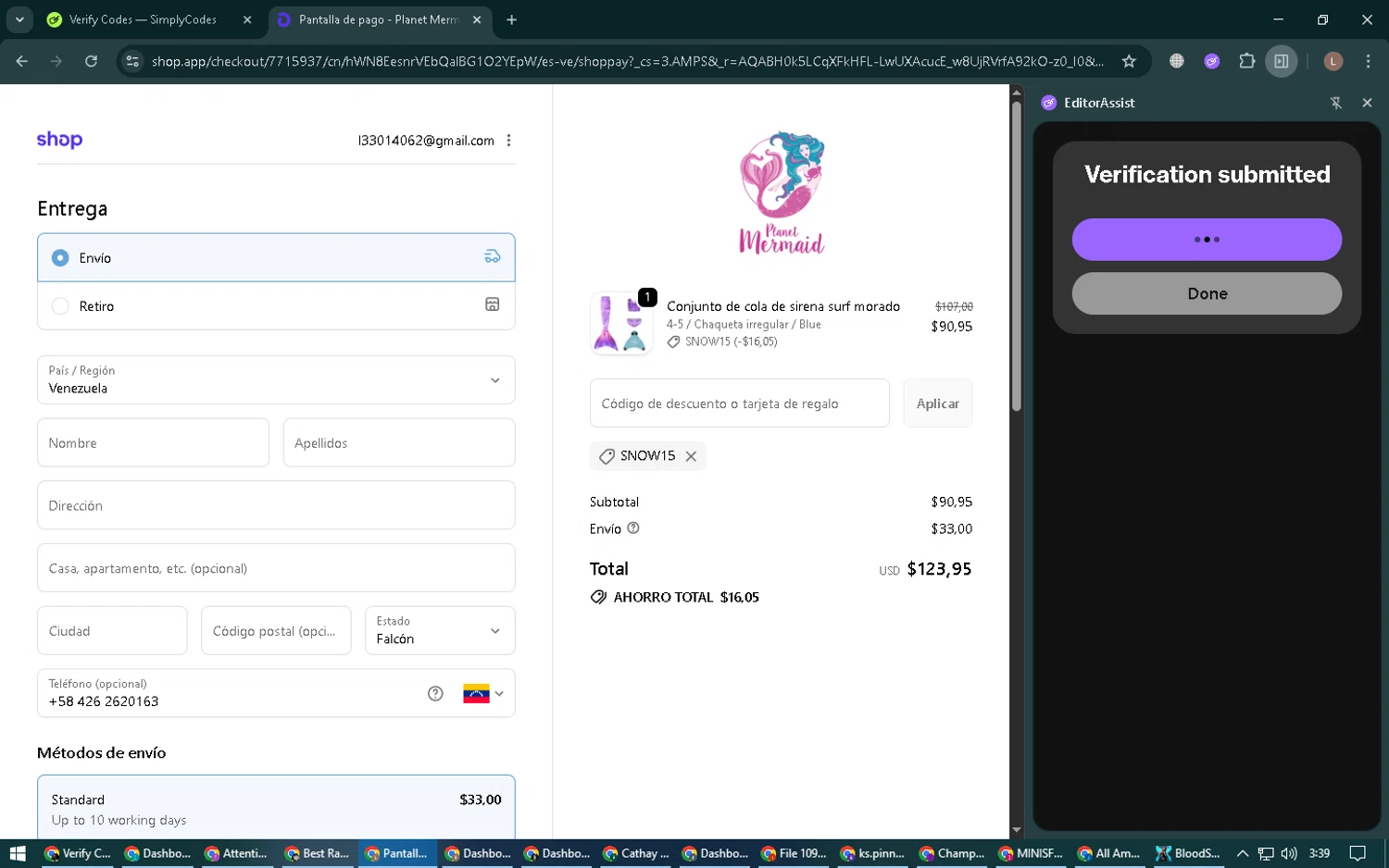 Planet Mermaid promo code screenshot showing code SNOW15 applied at Planet Mermaid checkout page. Uploaded by SimplyCodes community member BrilliantTiger9986 on Jan 31, 2026