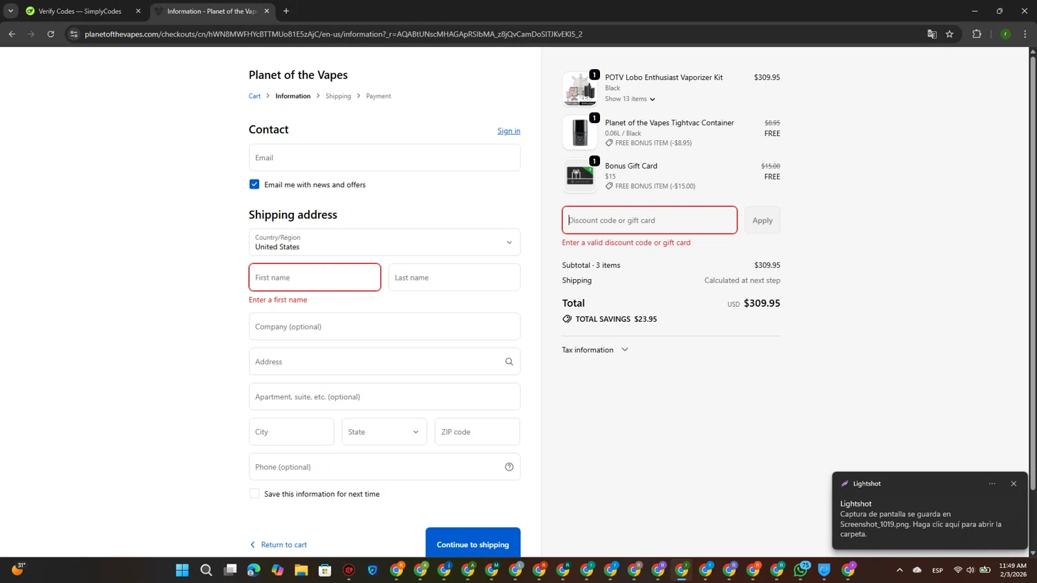 Planet of the Vapes promo code screenshot showing code APRIL applied at Planet of the Vapes checkout page. Uploaded by SimplyCodes community member GoldScout9735 on Feb 3, 2026