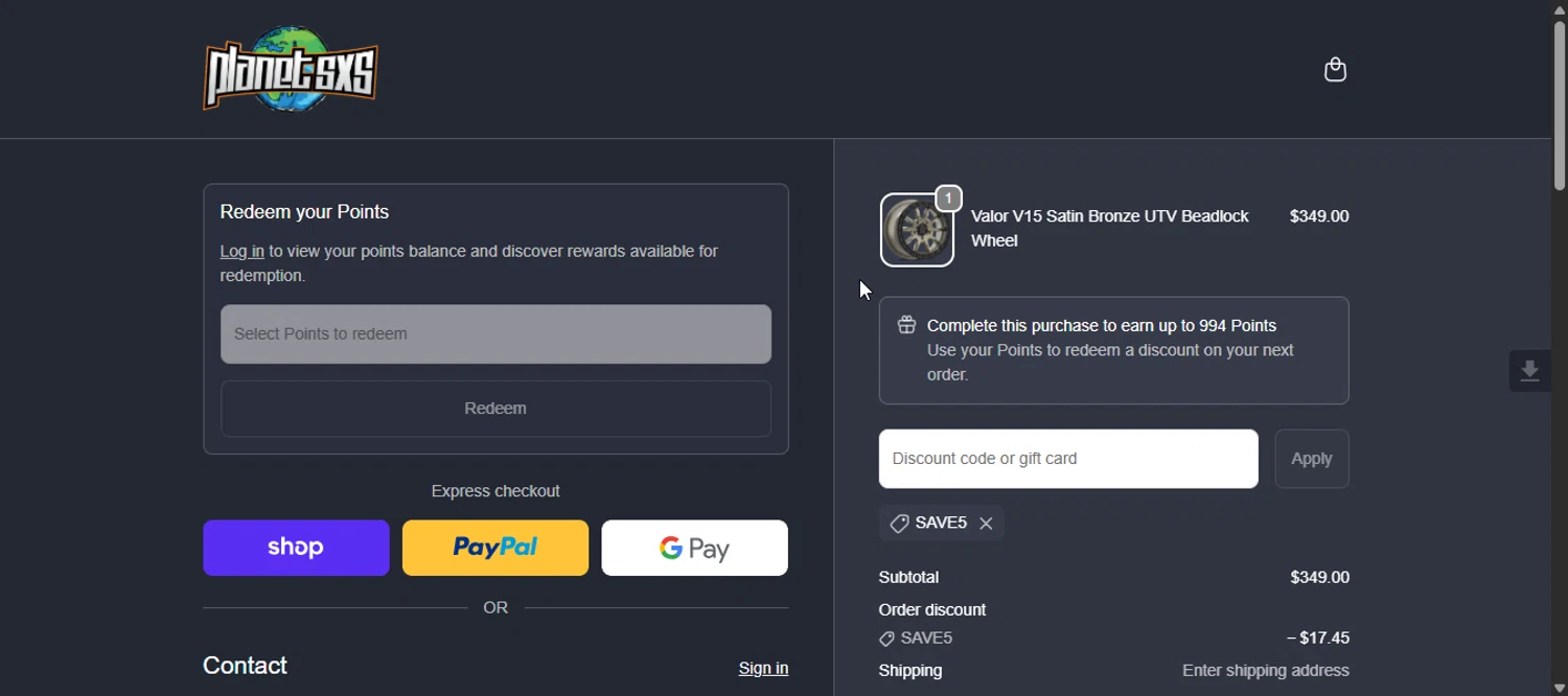 Planet SxS discount code screenshot showing code SAVE5 applied at Planet SxS checkout page. Uploaded by SimplyCodes community member 111111 on Oct 30, 2025