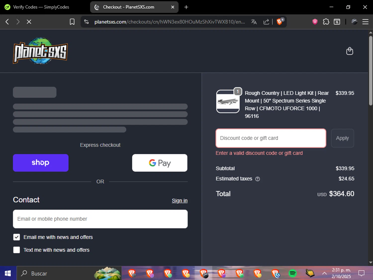 Planet SxS discount code screenshot showing code WELCOME applied at Planet SxS checkout page. Uploaded by SimplyCodes community member TokenAce6841 on Oct 2, 2025