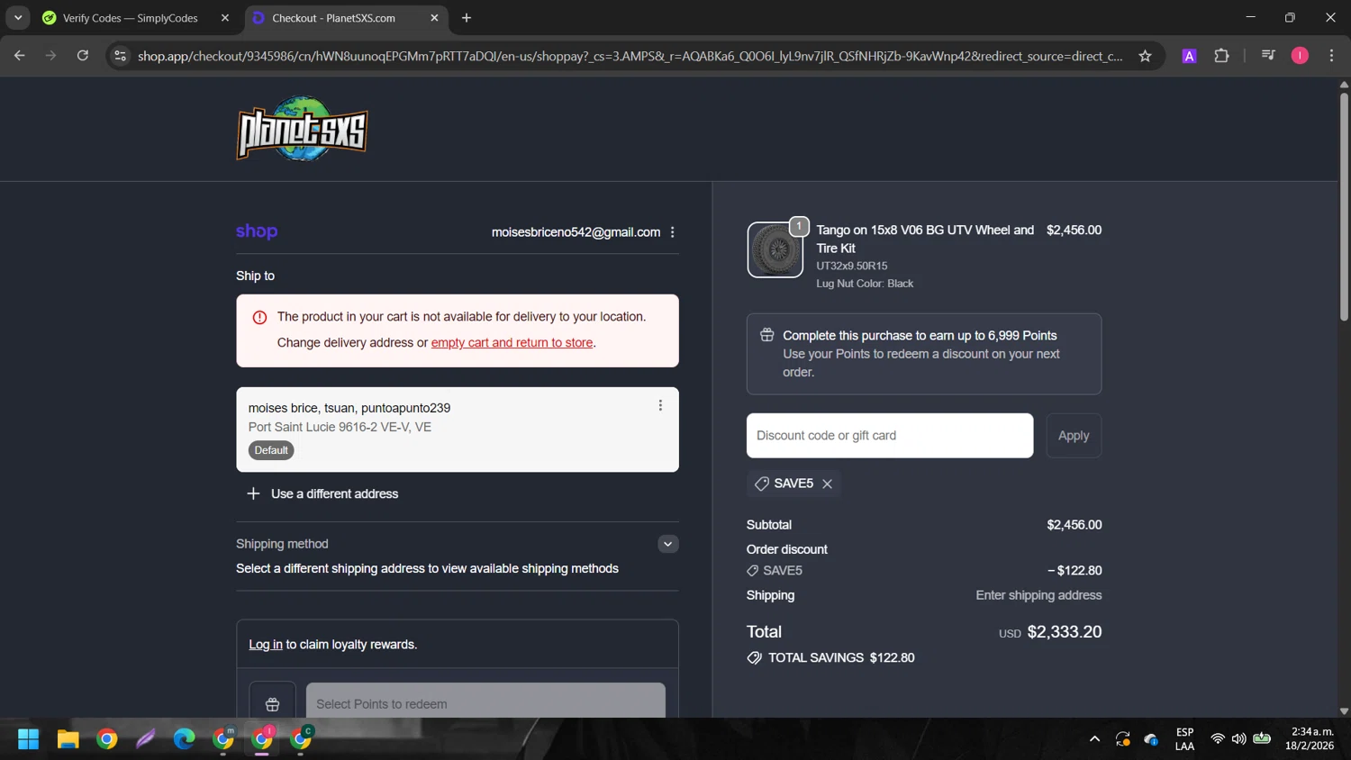 Planet SxS checkout page showing Planet SxS discount code box | Screenshot taken by SimplyCodes community member on Feb 18, 2026