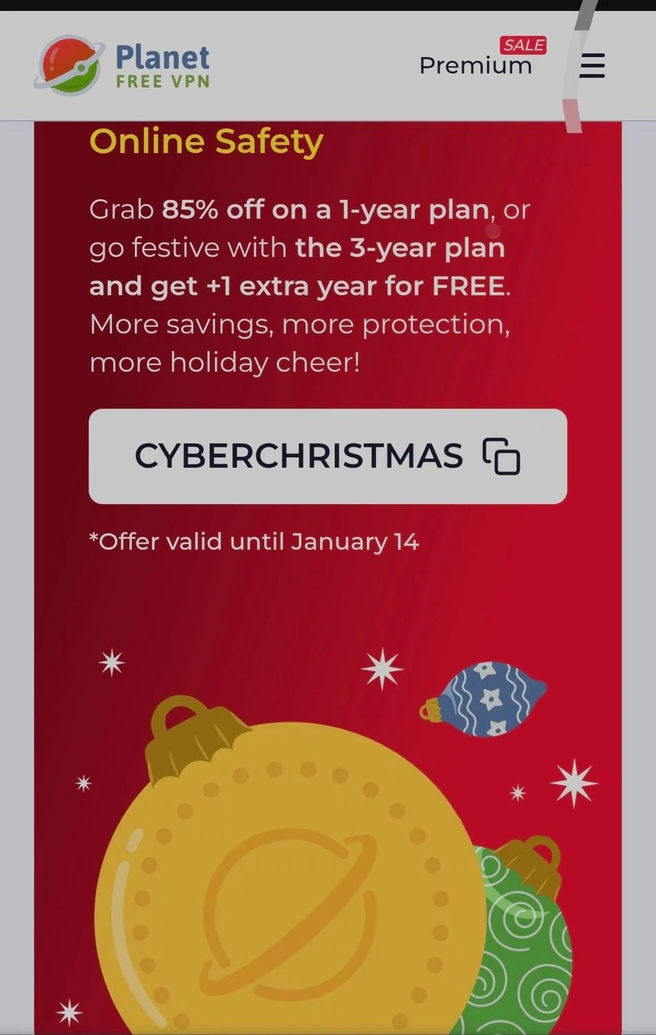 Planet VPN promo code screenshot showing code CYBERCHRISTMAS applied at Planet VPN checkout page. Uploaded by SimplyCodes community member EugeniaRoMa on Jan 3, 2026