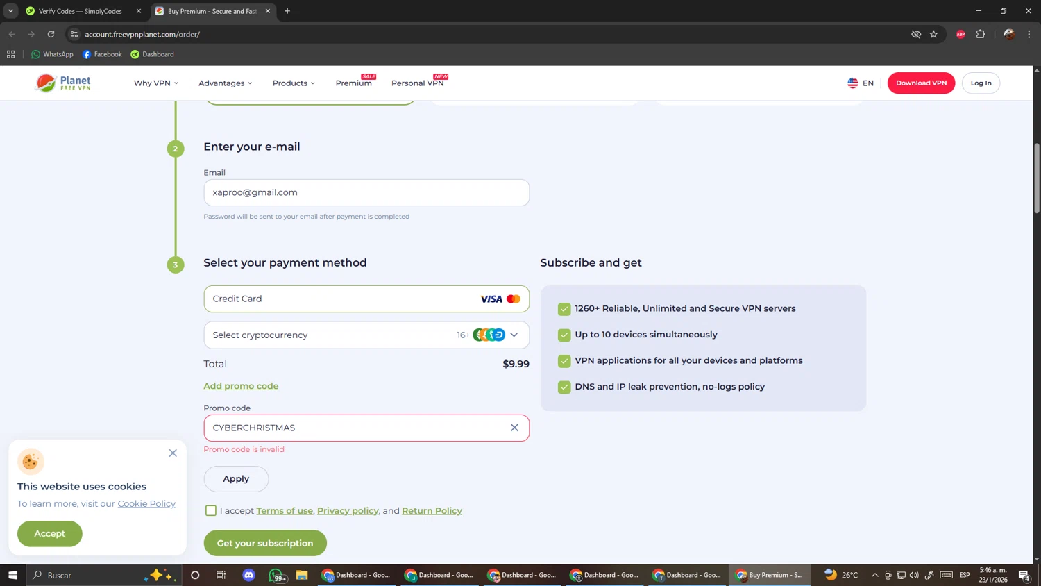 Planet VPN promo code screenshot showing code CYBERCHRISTMAS applied at Planet VPN checkout page. Uploaded by SimplyCodes community member ScanShopper554 on Jan 23, 2026