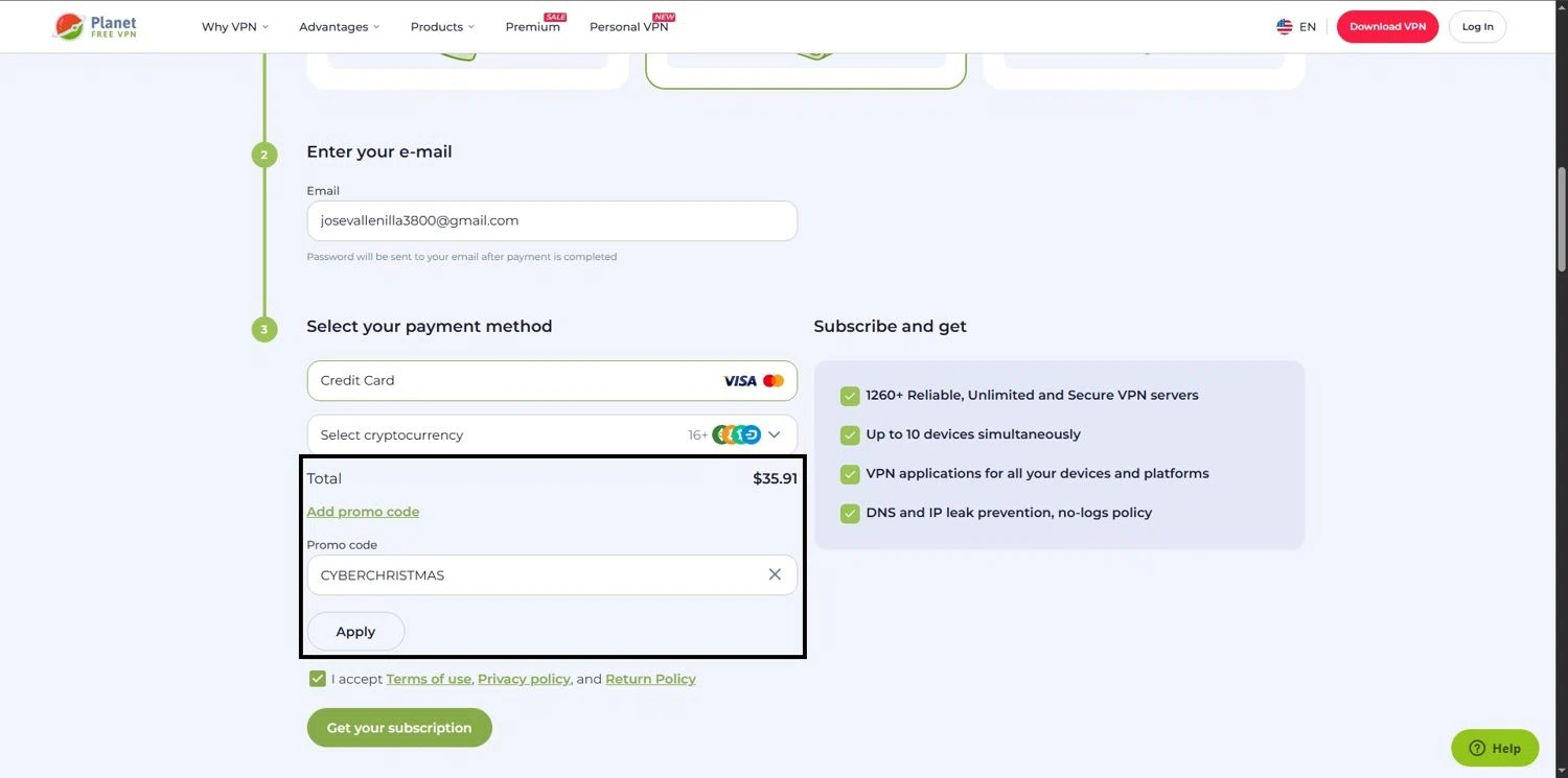 Planet VPN promo code screenshot showing code CYBERCHRISTMAS applied at Planet VPN checkout page. Uploaded by SimplyCodes community member Depressive on Dec 20, 2025