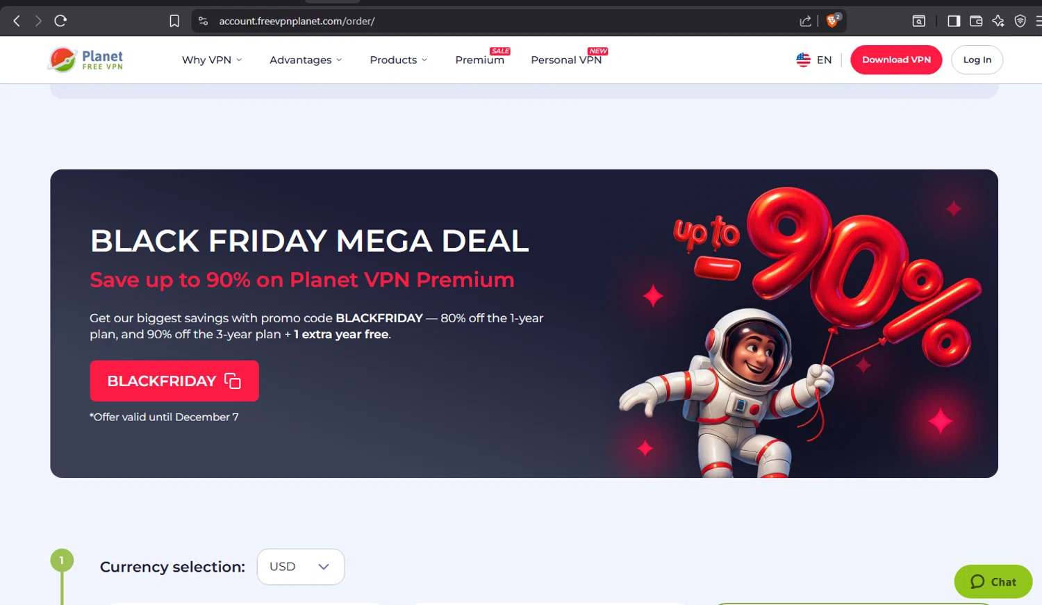 Planet VPN promo code screenshot showing code BLACKFRIDAY applied at Planet VPN checkout page. Uploaded by SimplyCodes community member crischidy25 on Dec 1, 2025