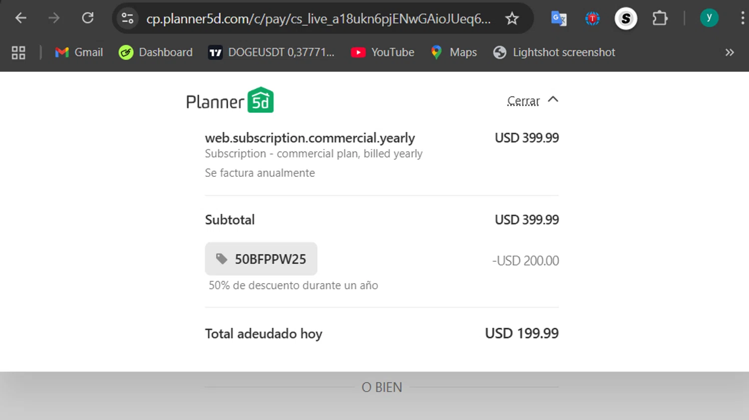 Planner 5D promo code screenshot showing code 50BFPPW25 applied at Planner 5D checkout page. Uploaded by SimplyCodes community member 502312 on Nov 19, 2025