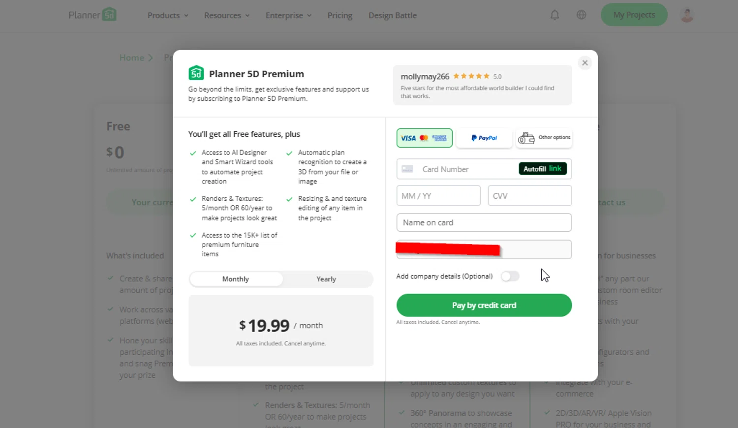Planner 5D promo code screenshot showing code 25STMMP applied at Planner 5D checkout page. Uploaded by SimplyCodes community member SimplyCVerlie on Feb 19, 2025