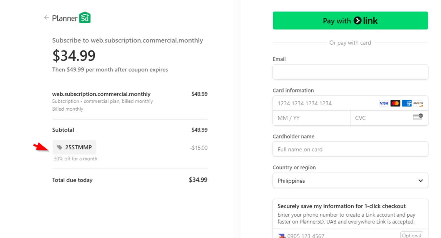 Planner 5D promo code screenshot showing code 25STMMP applied at Planner 5D checkout page. Uploaded by SimplyCodes community member SimplyCVerlie on Feb 7, 2025