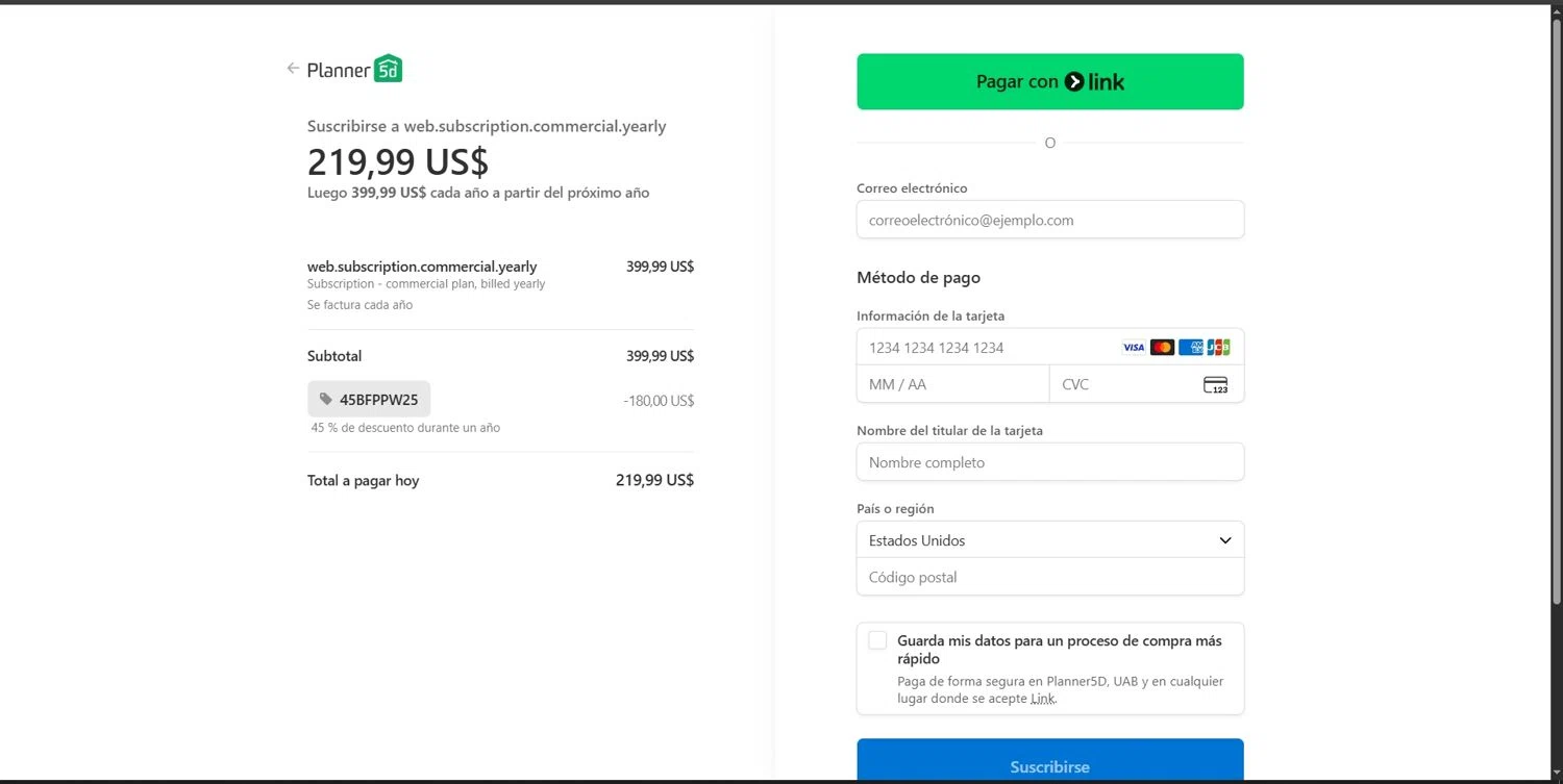 Planner 5D promo code screenshot showing code 45BFPPW25 applied at Planner 5D checkout page. Uploaded by SimplyCodes community member Depressive on Nov 24, 2025