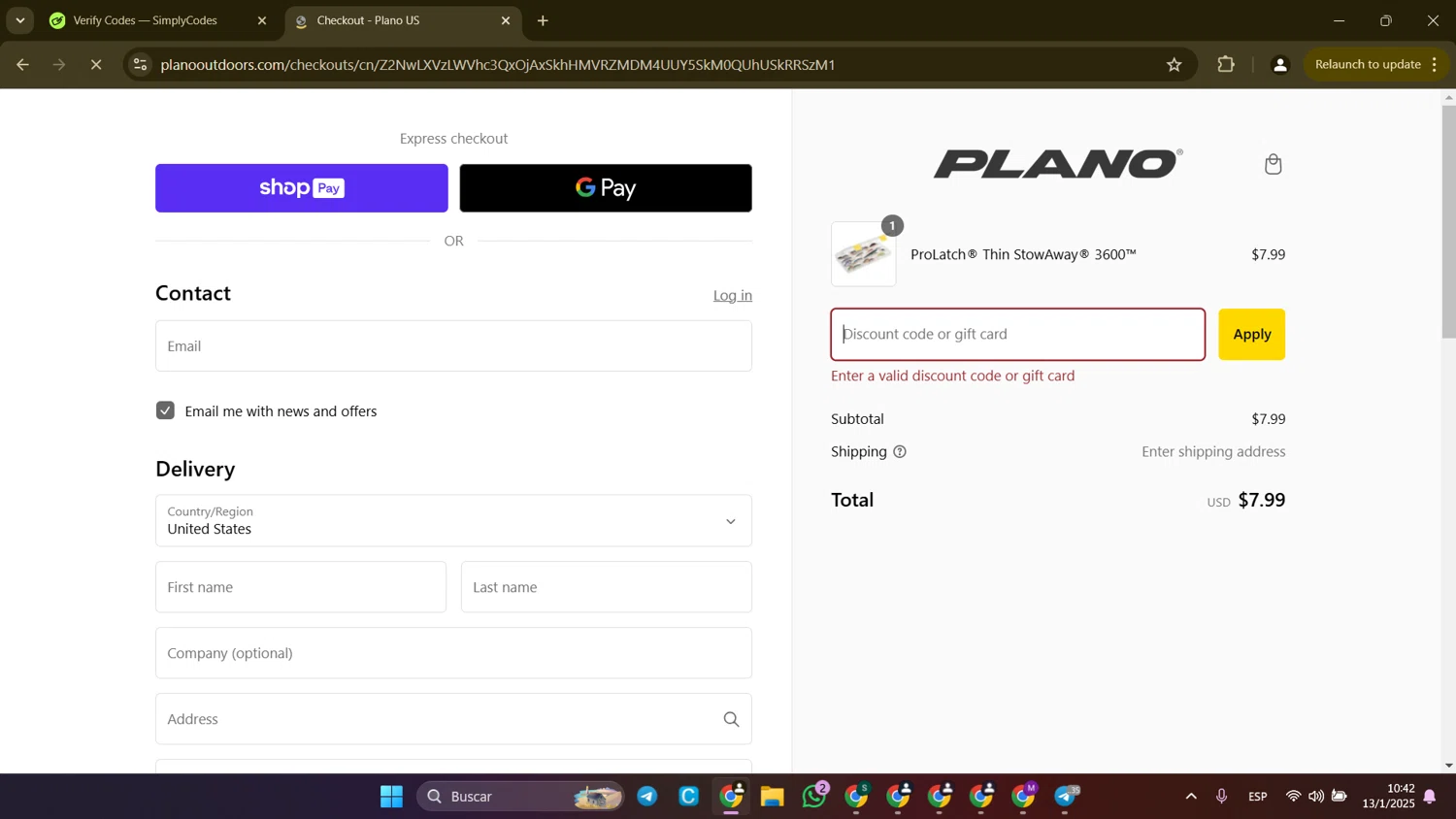 PLANO discount code screenshot showing code PLANOKHM10 applied at PLANO checkout page. Uploaded by SimplyCodes community member CleverLion9708 on Jan 13, 2025