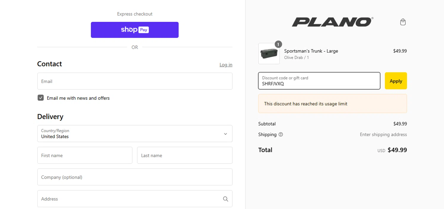 PLANO discount code screenshot showing code SHRFJVXQ applied at PLANO checkout page. Uploaded by SimplyCodes community member ValueGenius9720 on Feb 26, 2025
