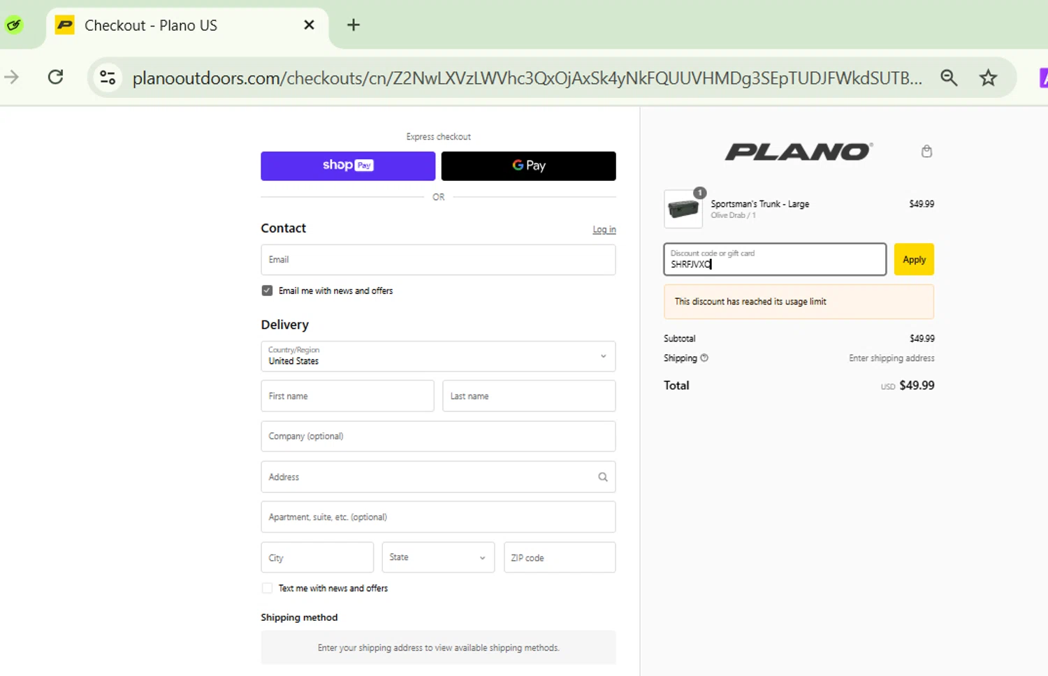 PLANO discount code screenshot showing code SHRFJVXQ applied at PLANO checkout page. Uploaded by SimplyCodes community member CodeVirtuoso1353 on Feb 26, 2025