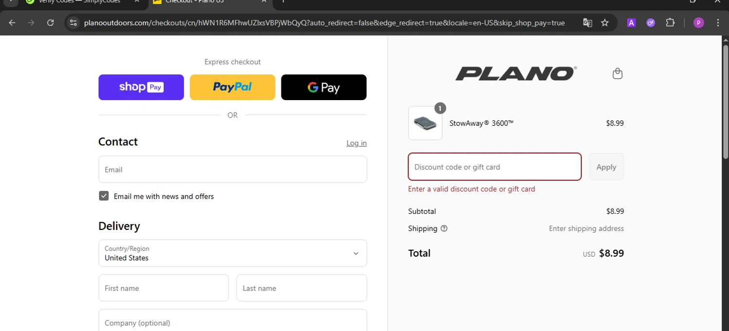 PLANO discount code screenshot showing code PLANOHM10 applied at PLANO checkout page. Uploaded by SimplyCodes community member firoas on Aug 5, 2025